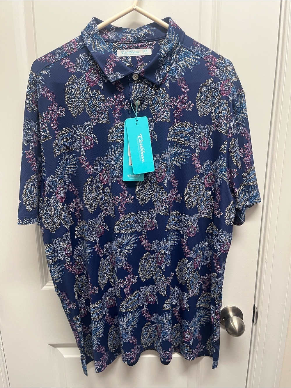 Caribbean Isle Breeze Performance Polo XXL Mens Navy Floral Quick Dry Short Slee
